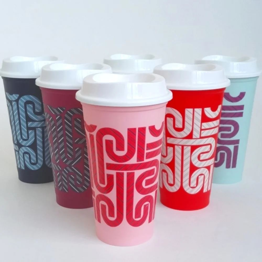 Starbucks Set of 6 Color Changing Reusable 16oz Hot Travel Cups With 6 Lids